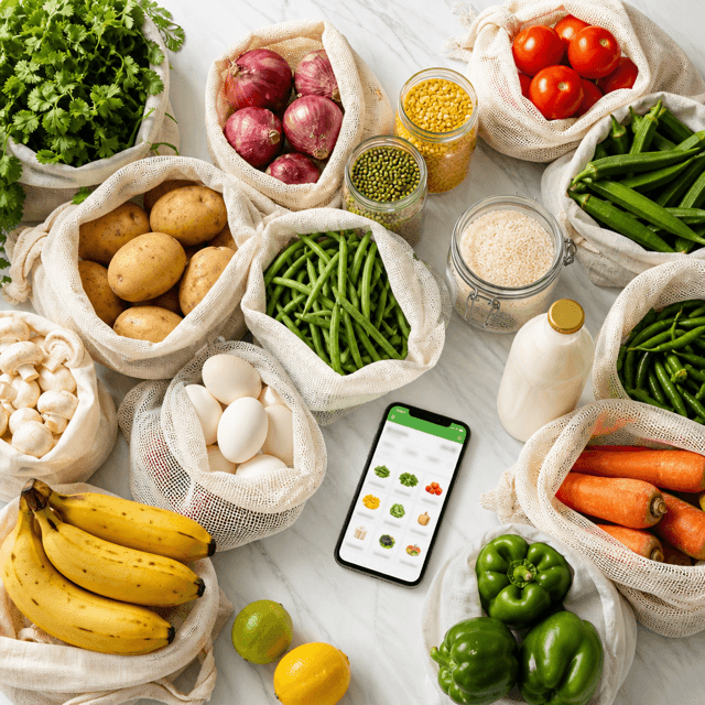 Grocery ecommerce app with produce, dairy, and supermarket aisles